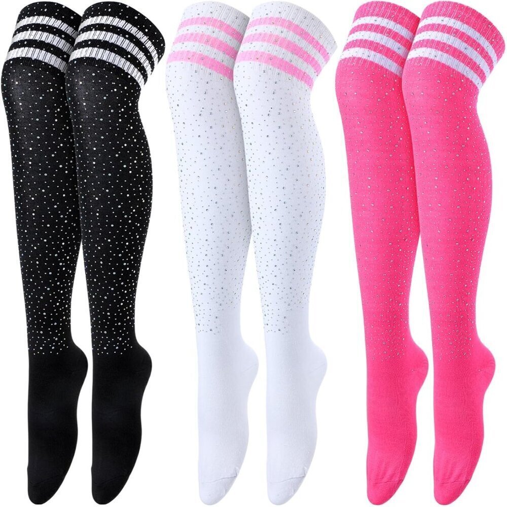 Women Sparkle Rhinestone Over Knee Stockings 3 Pairs Sexy Glitter Stripe Leg War